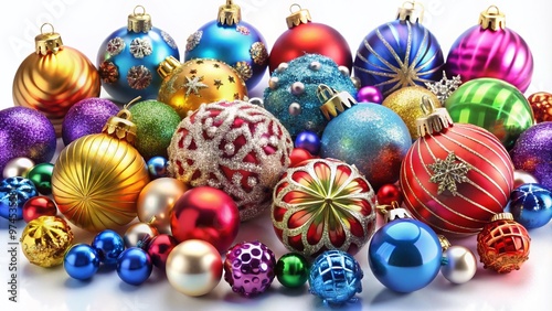 Colorful assortment of intricately designed, glossy Christmas ornaments in various shapes and sizes, including balls, bells, and snowflakes, on a white background.