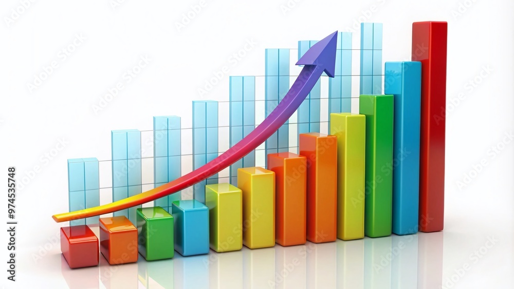 Colorful bar graph rising upward on a white background with arrows and symbols indicating growth, success, and financial progress in a business or economy. Colorful bar graph rising upward on a white background with arrows and symbols indicating growth, success, and financial progress in a business or economy.