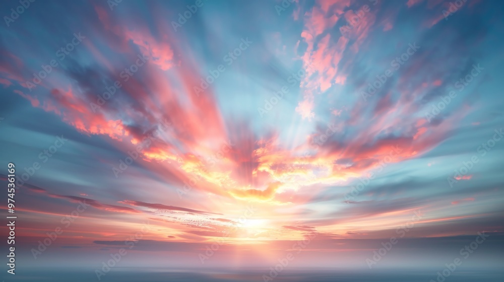 Obraz premium Serene Dawn Over Ocean, vibrant clouds painted with hues of pink and blue, sunlight breaking through, creating a tranquil atmosphere of hope and renewal.