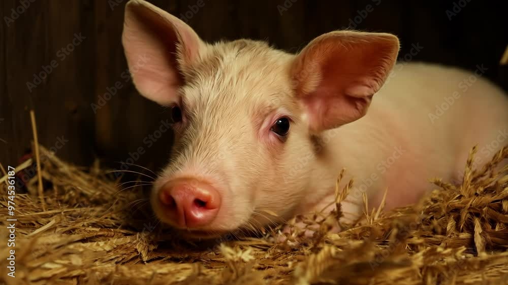 Adorable piglet resting on straw Adorable piglet resting on straw