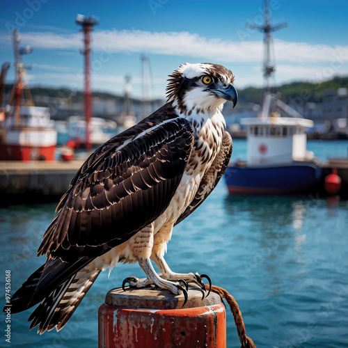 Osprey Bird (Pandion haliaetus) perched on a bollard of a fishing pier. photo