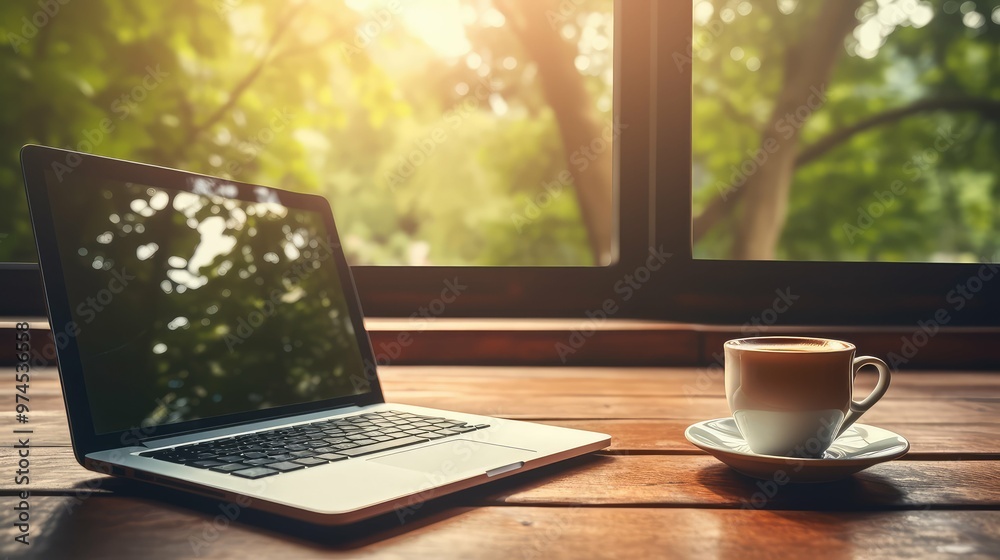 Fototapeta premium window laptop work coffee