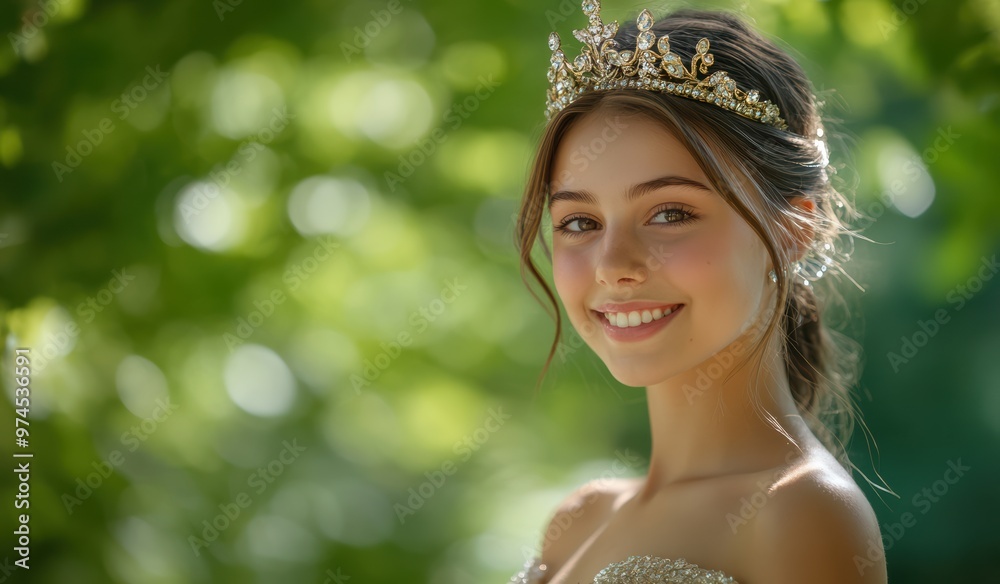 A young woman, crowned with a delicate tiara, enjoys a peaceful moment in a verdant garden. The gentle sunlight highlights her features, adding a touch of elegance and tranquility to the scene. A young woman, crowned with a delicate tiara, enjoys a peaceful moment in a verdant garden. The gentle sunlight highlights her features, adding a touch of elegance and tranquility to the scene.