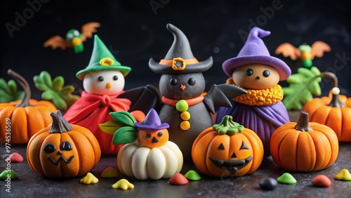 Colorful clay creations of witches, bats, pumpkins, and ghosts adorn a black background, showcasing creative and spooky Halloween-themed decorative ideas for the festive season. photo