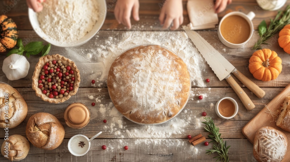Baking Day Pleasure, a rustic kitchen scene featuring freshly baked bread, pumpkin, spices, flour and hands preparing delightful autumn treats. Baking Day Pleasure, a rustic kitchen scene featuring freshly baked bread, pumpkin, spices, flour and hands preparing delightful autumn treats.