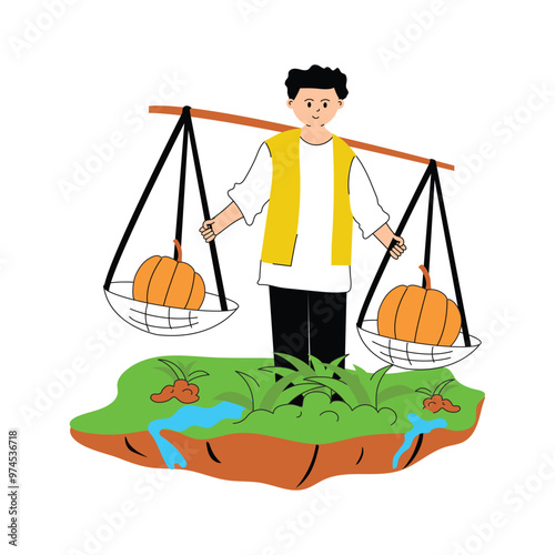 A farmer balancing freshly harvested produce in baskets