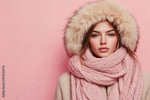 Young woman with fur-trimmed hood and knitted scarf against pink background