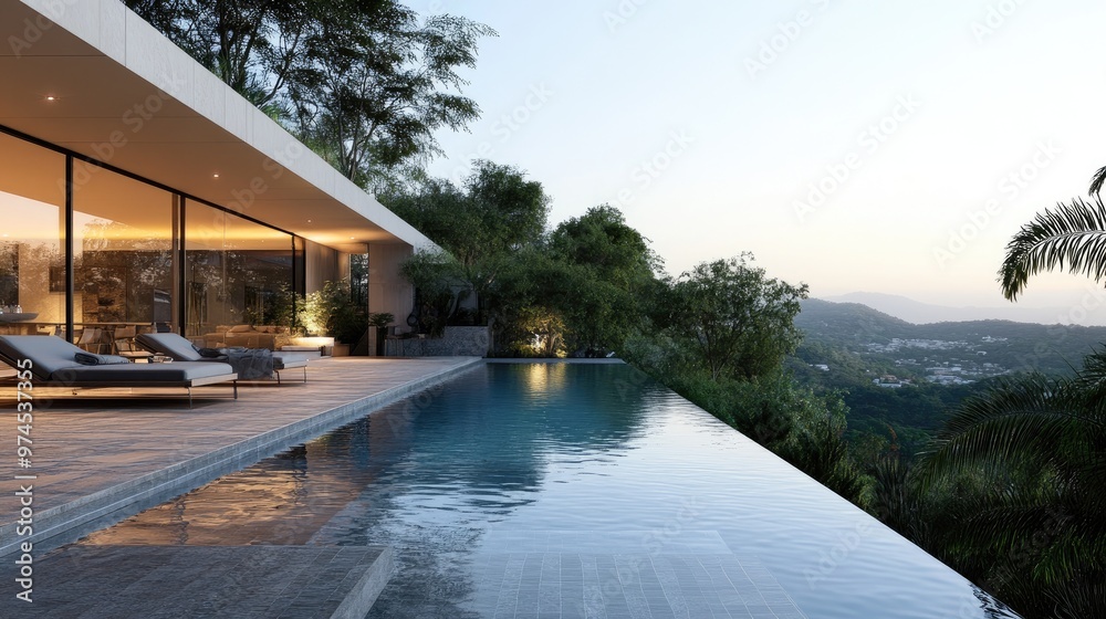 Fototapeta premium Contemporary swimming pool design with sleek tiles, infinity edge, and surrounding minimalist landscape