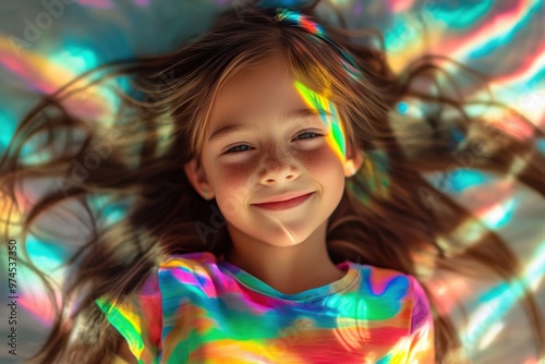 Young kid on a vibrant background, the face illuminated by colorful light reflections. Rainbow-like colors create dreamlike, surreal atmosphere, perfect for creative artistic projects.