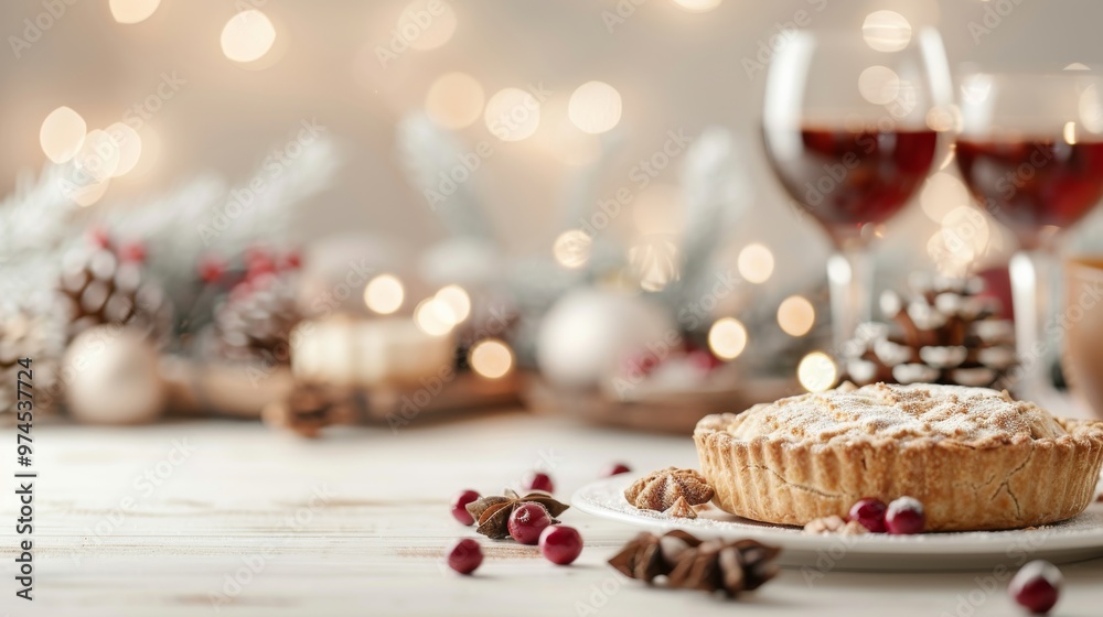 Festive Dessert Spread, a warm pie dusted with sugar, surrounded by cranberries and pinecones, set against a backdrop of soft holiday lights and rich red wine. Festive Dessert Spread, a warm pie dusted with sugar, surrounded by cranberries and pinecones, set against a backdrop of soft holiday lights and rich red wine.