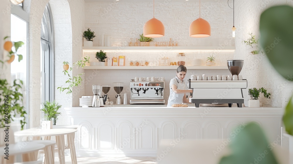 Cozy Cafe Interior with Barista Preparing Drinks Cozy Cafe Interior with Barista Preparing Drinks