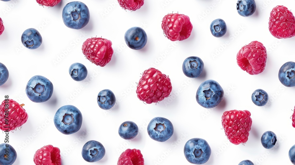Seamless pattern of blueberries and raspberries on a white background. Fresh berry fruit concept. Seamless pattern of blueberries and raspberries on a white background. Fresh berry fruit concept.