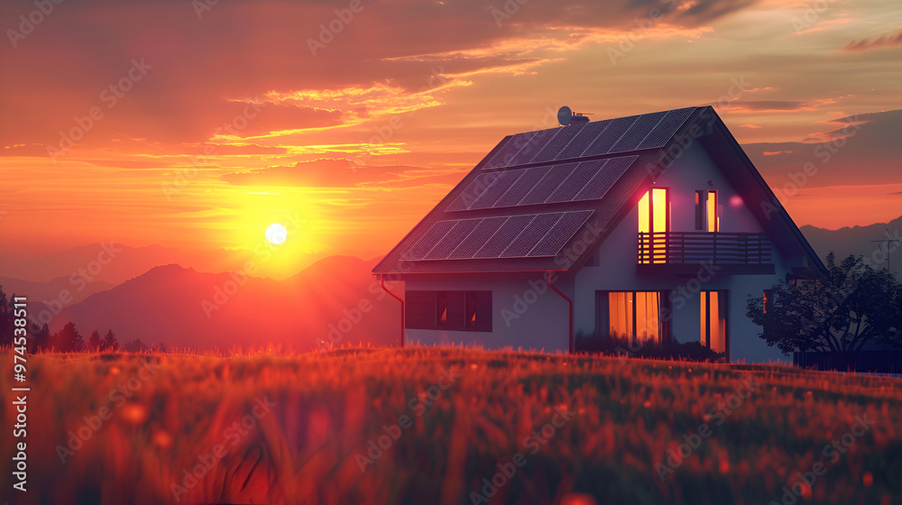 ecological solar farm on sundown sky background, panels installed on the toproof of the building, sunlight and bluesky background ecological solar farm on sundown sky background, panels installed on the toproof of the building, sunlight and bluesky background