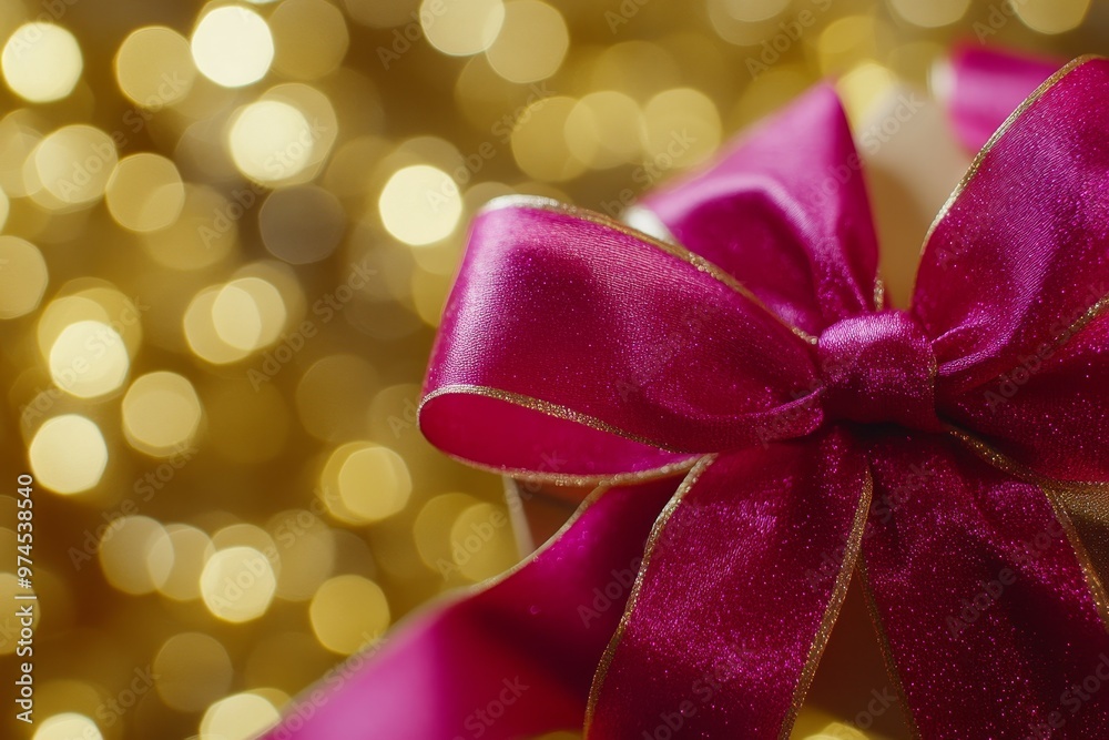 Pink ribbon gift with golden bokeh background