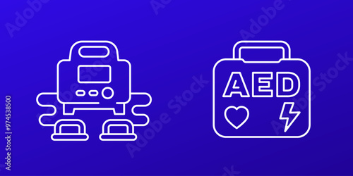 Defibrillator, cpr and AED icons, line vector