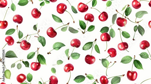 Watercolor cherries seamless pattern on white background. Fresh and fruity design concept.