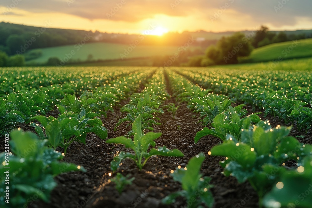 Morning Dew on Fresh Organic Farmland at Sunrise A serene Morning Dew on Fresh Organic Farmland at Sunrise A serene