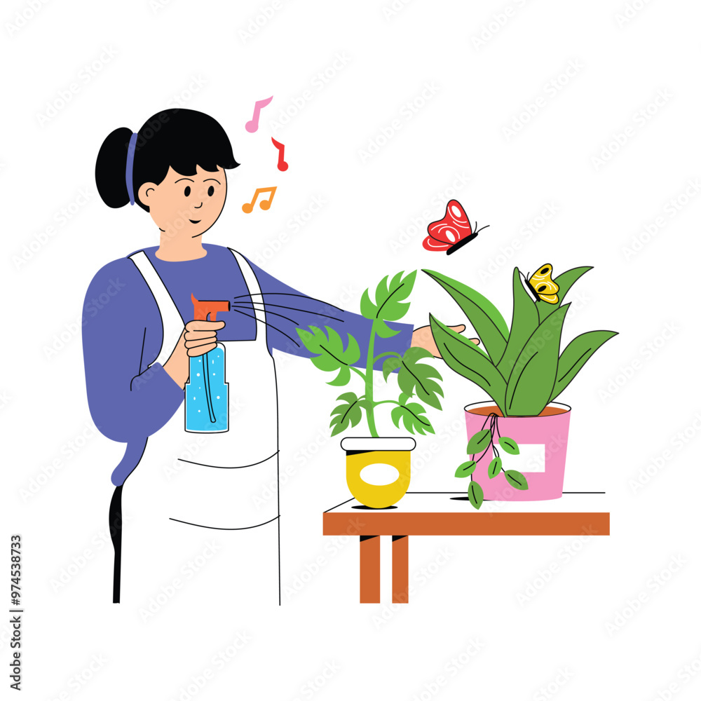 A woman taking care of plants, woman watering house plants A woman taking care of plants, woman watering house plants