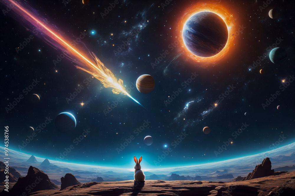 Fototapeta premium A rabbit floating on a meteor surrounded by the glowing orbits of distant planets.