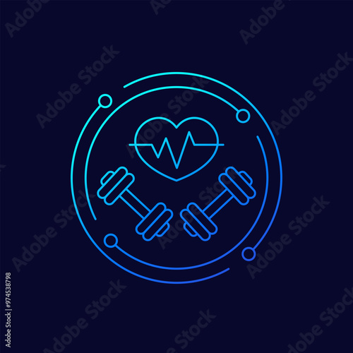 workout heart rate icon, pulse during exercise, linear design