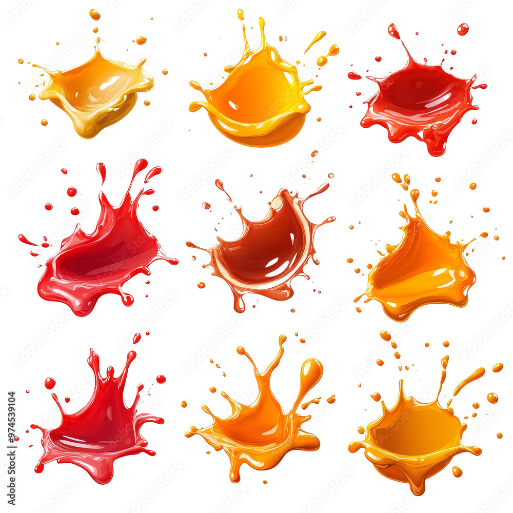 A playful mix of ketchup and mustard splashes, caught mid-flight with different forms and motions, perfect for food photography.