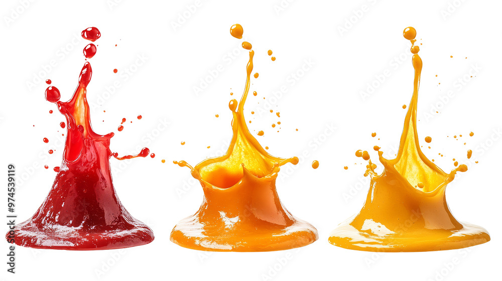 Ketchup and mustard splashes suspended in mid-air, showcasing a variety of shapes and movements. A great visual for food presentations.