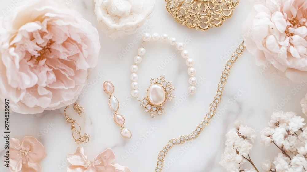 Feminine jewelry flat lay with delicate gold pieces, pearls, and soft pink accents on a white marble surface Feminine jewelry flat lay with delicate gold pieces, pearls, and soft pink accents on a white marble surface