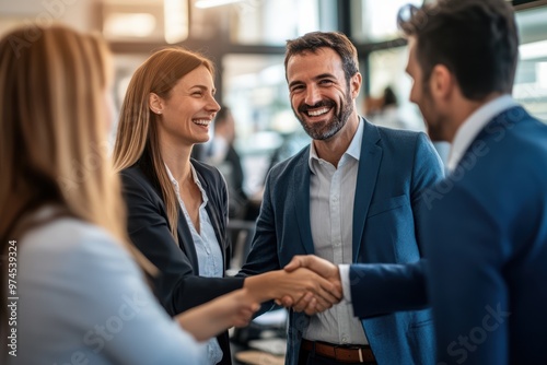 Business professionals meet for the first time at a conference, exchanging smiles and handshakes as they introduce themselves. The environment is welcoming and conducive to networking. photo