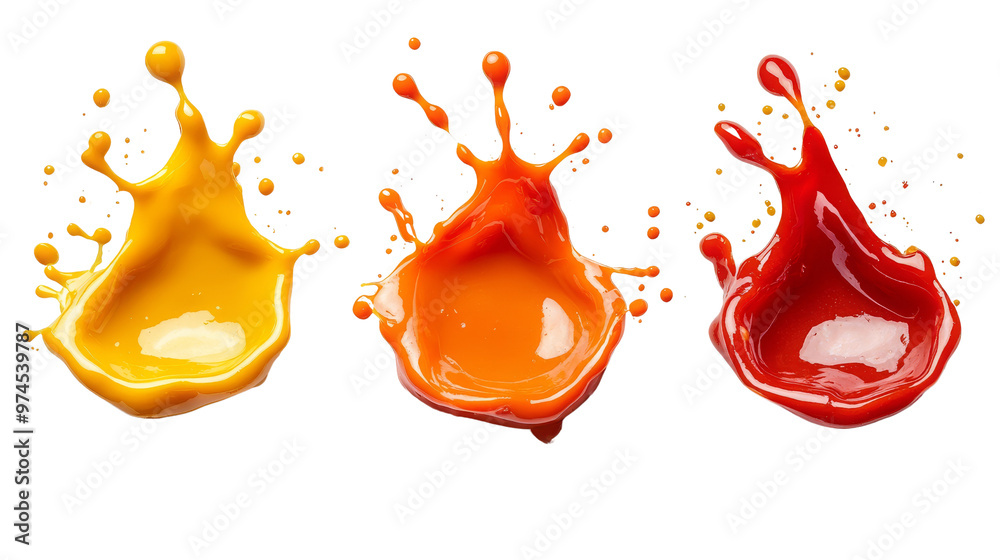 A collection of vibrant ketchup and mustard splashes, frozen in mid-motion with unique shapes. Perfect for showcasing food.