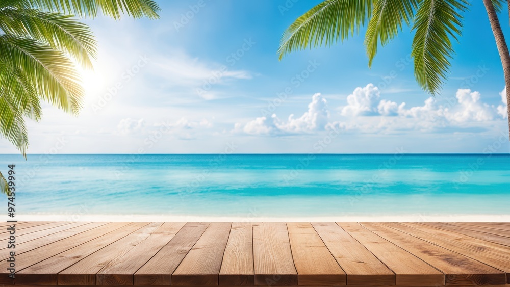 A serene beach scene with a wooden deck, palm trees, and a clear blue ocean under a bright sky. A serene beach scene with a wooden deck, palm trees, and a clear blue ocean under a bright sky.