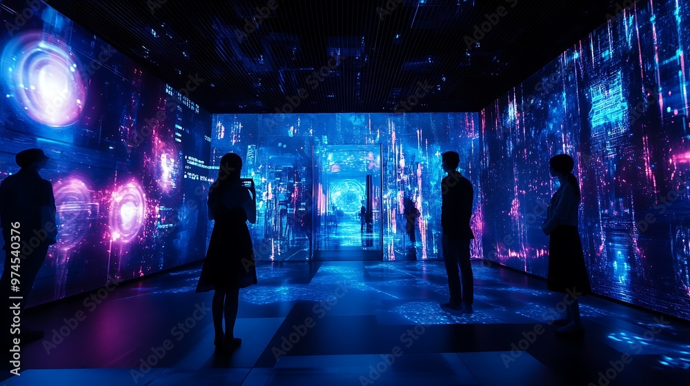 Silhouettes of People in a Dark Room with Neon Lights. Silhouettes of People in a Dark Room with Neon Lights.