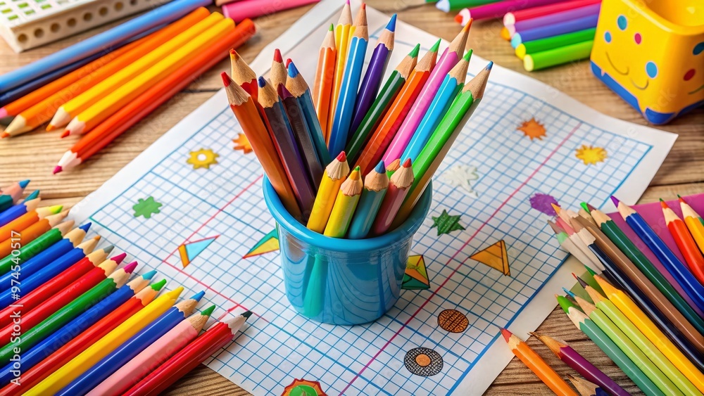 Colorful pencils and crayons surround a stack of worksheets with fun math problems and bright illustrations, creating an engaging learning atmosphere for young students. Colorful pencils and crayons surround a stack of worksheets with fun math problems and bright illustrations, creating an engaging learning atmosphere for young students.