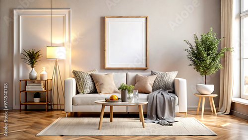Cozy room interior background, 3D render, white Mock up, frame