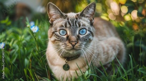 Portrait of Cat with blue eyes in the garden. cat with blue eyes is on a walk on green grass.