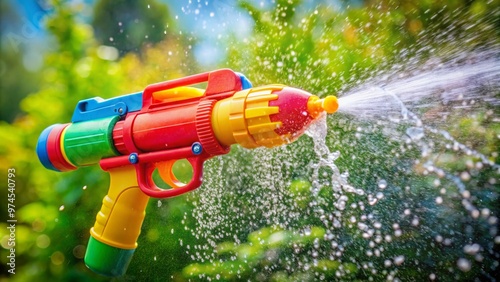 Colorful plastic water gun with whimsical design and oversized nozzle, surrounded by splashing water droplets, evoking a sense of playful summer fun and carefree childhood. photo