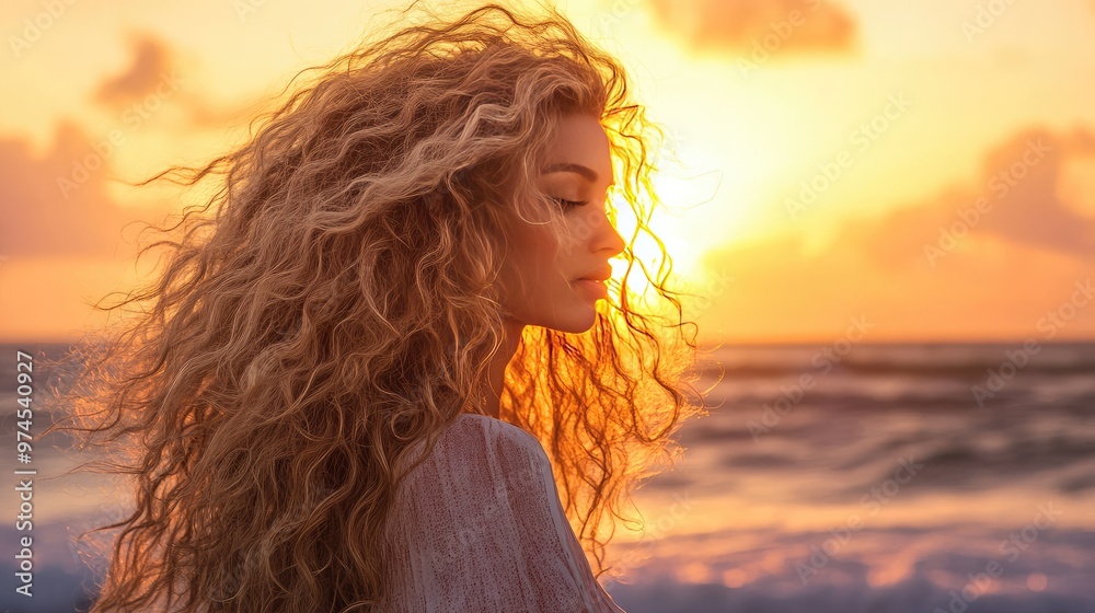 Long curly hair styled in layers, gently blowing in the wind, with a sunset beach background Long curly hair styled in layers, gently blowing in the wind, with a sunset beach background