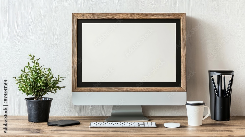 Minimalistic wooden frame on a desk with a computer, potted plant, and coffee cup, representing a work-from-home setup