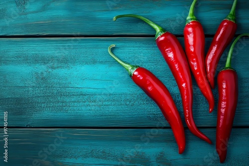 Red Chili Peppers on Turquoise Wooden Background photo