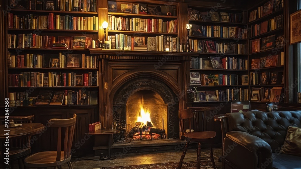 Cozy Library with Fireplace and Bookshelves Cozy Library with Fireplace and Bookshelves