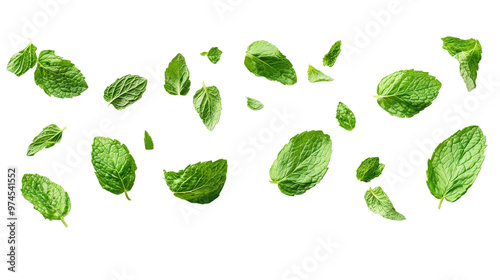 A collection of fresh mint leaves in bright green, drifting on a transparent background, emphasizing their vibrant texture for cooking or herbal use.