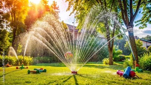 Colorful sprinkler system sprays water high into the air on a sunny day, creating a refreshing and fun outdoor environment for summer play. photo