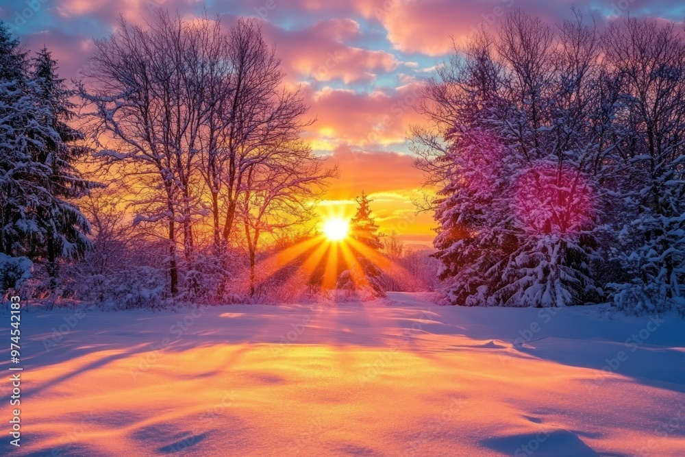 Golden Sunrise Illuminating a Snowy Forest Golden Sunrise Illuminating a Snowy Forest