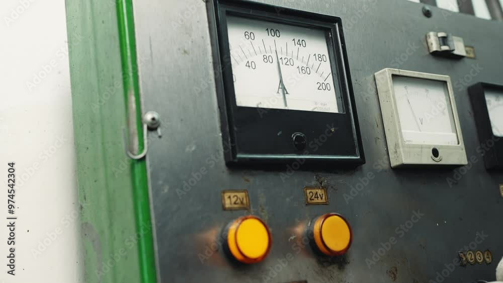 Electrical test bench ammeter and a hand in white gloves presses buttons with the inscriptions 12 and 24 volts Electrical test bench ammeter and a hand in white gloves presses buttons with the inscriptions 12 and 24 volts