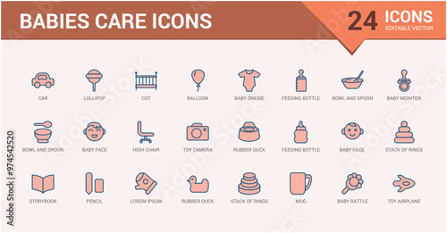 Babies care colorful icons set. Line editable icons pack. Outline icon for web and ui. Vector illustration. Icon names are written in English.