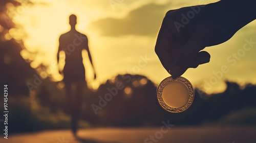 Fototapeta Naklejka Na Ścianę i Meble -  Hand Offering Medal: A hand gently offering a medal forward, as if to present it, with a blurred silhouette of an athlete in the background. 
