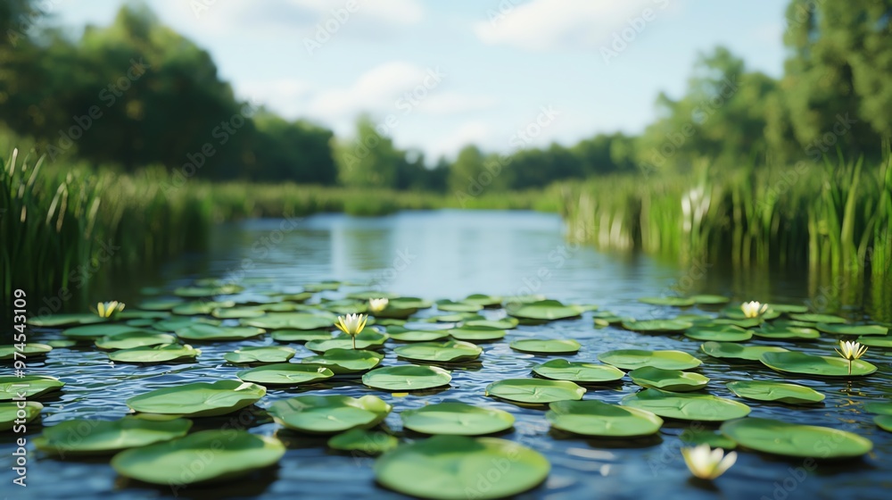 A serene landscape featuring floating lily pads on calm water amidst lush greenery under a bright blue sky. A serene landscape featuring floating lily pads on calm water amidst lush greenery under a bright blue sky.