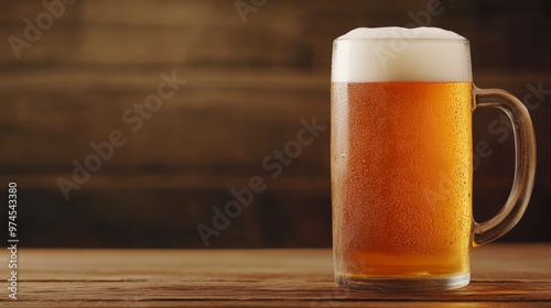 A refreshing glass of cold beer with creamy foam, placed on a rustic wooden table, perfect for social gatherings and relaxation. photo