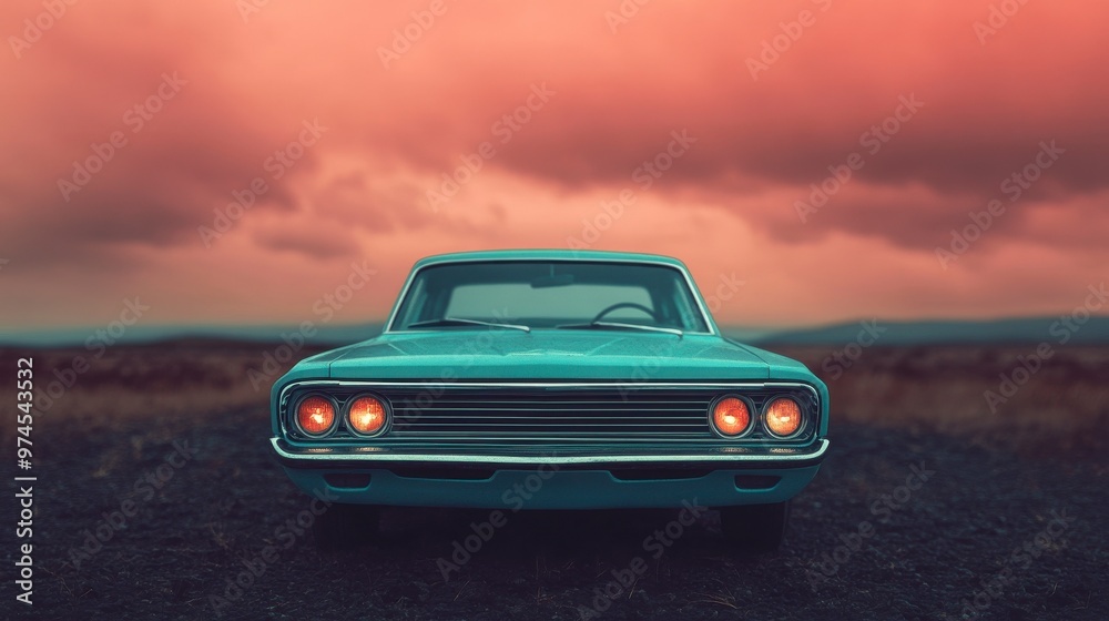 Naklejka premium A vintage car parked under a dramatic sunset sky, showcasing its classic design and timeless beauty.