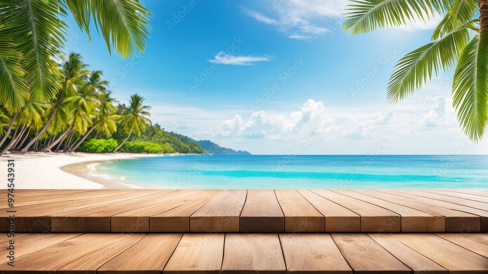 A serene beach scene with palm trees and a wooden deck overlooking turquoise waters and a clear sky. A serene beach scene with palm trees and a wooden deck overlooking turquoise waters and a clear sky.