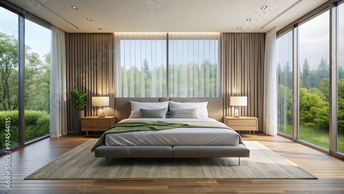 Contemporary bedroom features a sleek, low-profile bed with crisp white linens, minimalist nightstands, and a floor-to-ceiling window with sheer curtains, flooded with natural light.